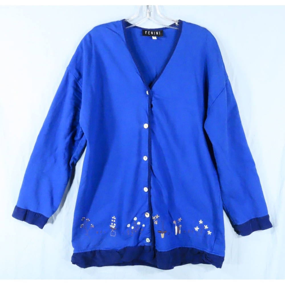 FENINI Button-Up Shirt Top COTTON KNIT Embroidered Flowers ROYAL BLUE w/Navy M